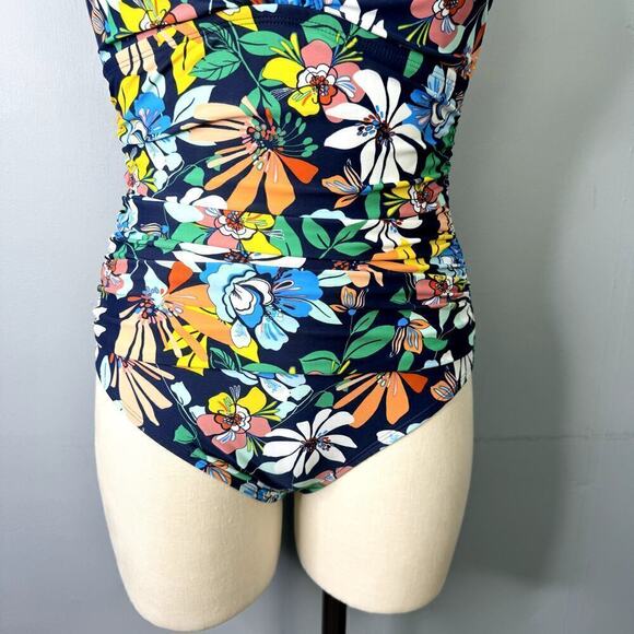 Ellen Tracy Fast & Fresh Surplice Navy Blue Multi Floral One Piece Swimsuit Sz 6 - Picture 3 of 12